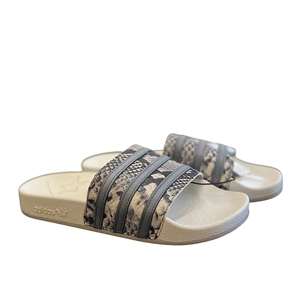 ADIDAS ORIGINALS - WHITE SILVER GREY ADILETTE SNAKESKIN SLIDE SANDALS